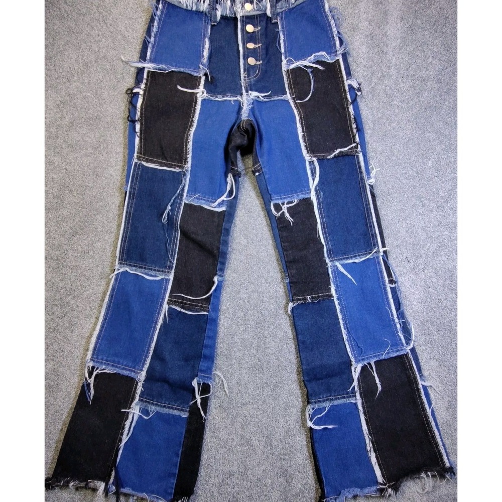 SHEIN Patchwork Jeans XS Blue Black Frayed Hem High Waist Denim Pants